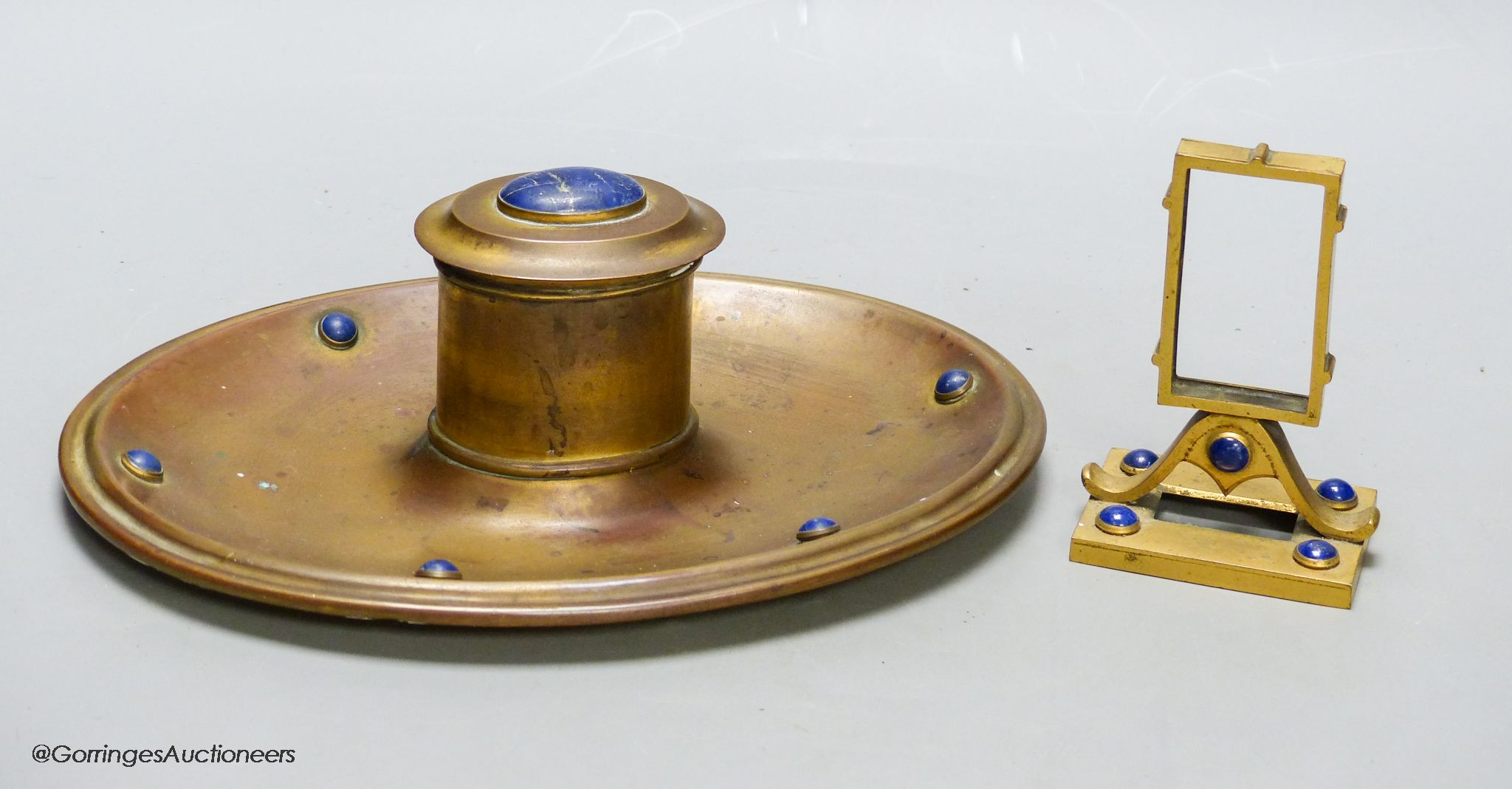A Leuchars, Piccadilly lapis lazuli mounted inkwell and a calendar frame, width 20.5cm